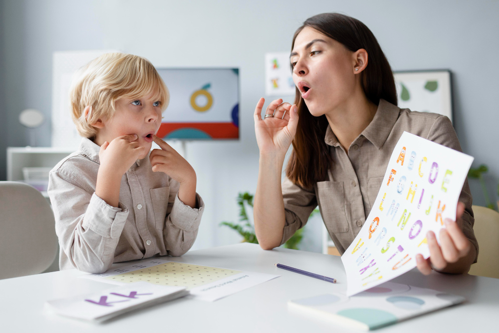 Speech therapist practicing letter sounds with a young boy using an alphabet chart
